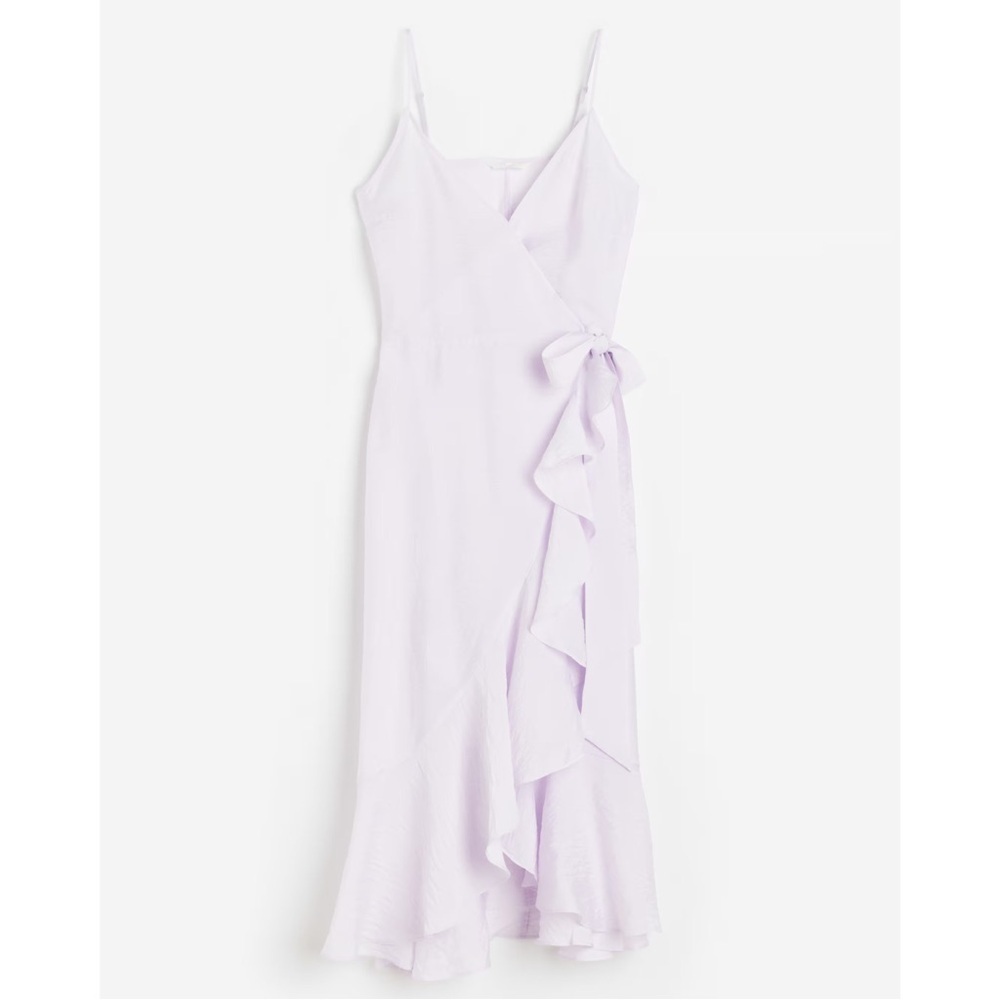 H&M Flounce Trimmed Wrap Dress in Lilac XL Low Cut V-Neck Midi